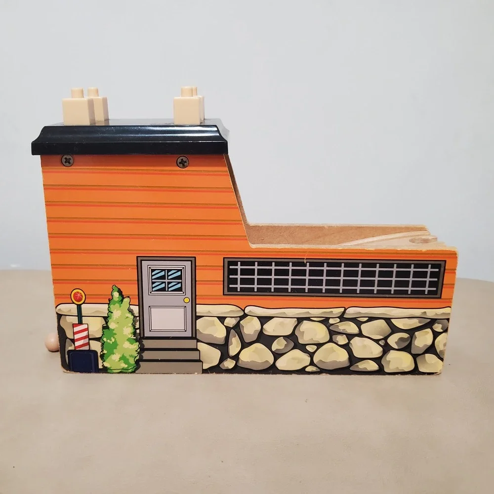 Wooden Railway Tunnel Bridge Orange Siding Stone Graphics Building Block Top
